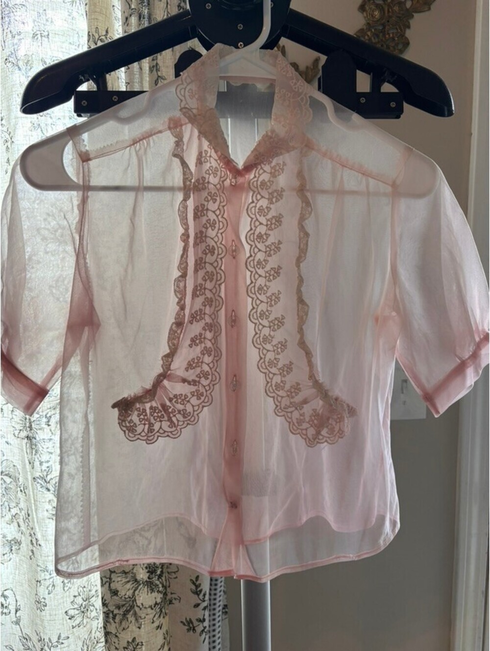 Vintage Sheer Pink Lace Blouse | 1960s Romantic Button Front Top